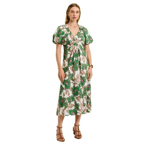 Veronika Maine Ivory Batik Bloom Gathered V Neck Dress